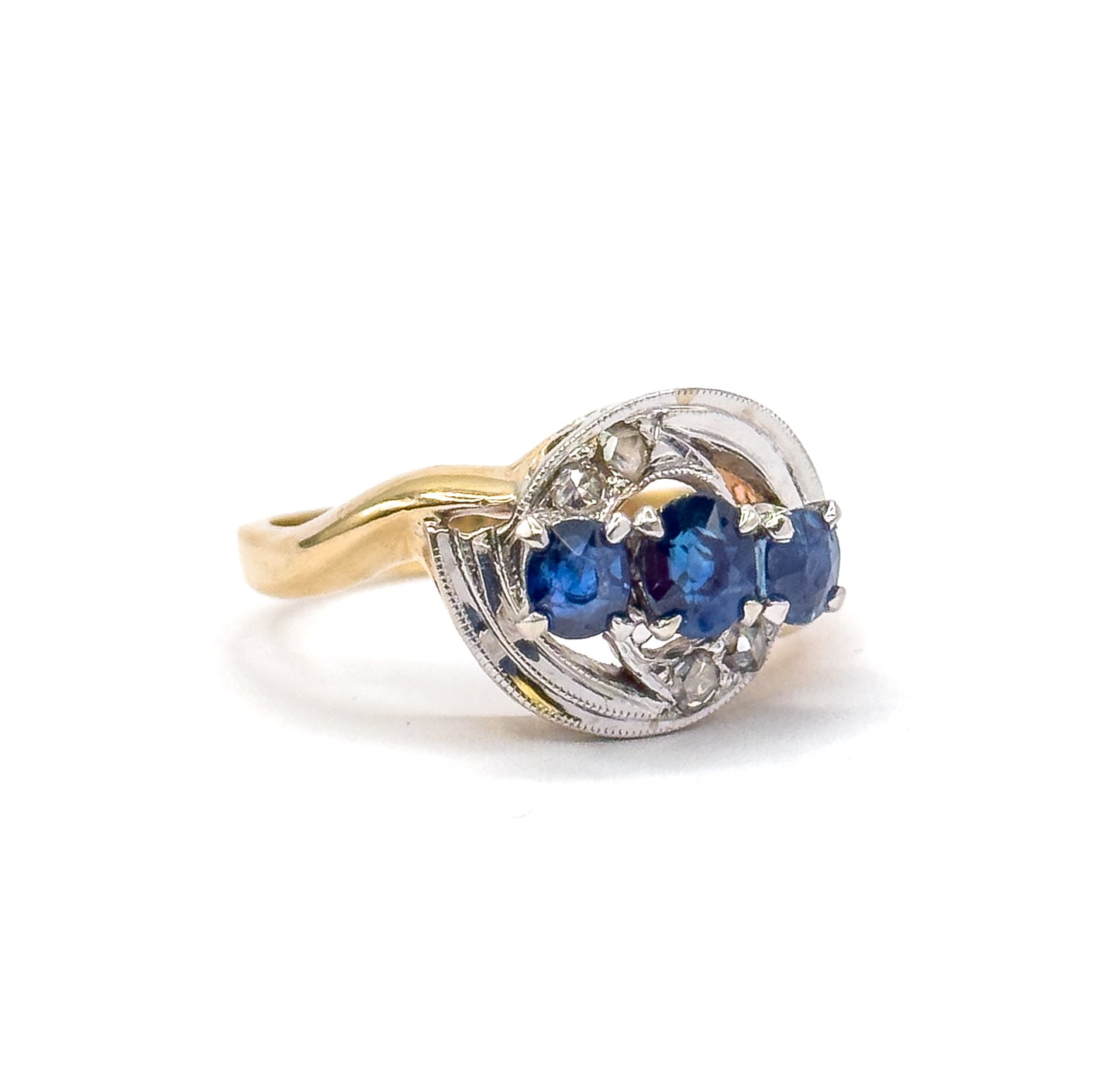 Retro Blue Sapphire & Rose Cut Diamond Bypass Ring in 14K Two-Tone Gold