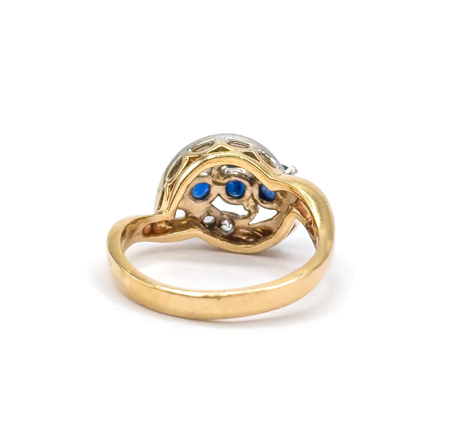 Retro Blue Sapphire & Rose Cut Diamond Bypass Ring in 14K Two-Tone Gold