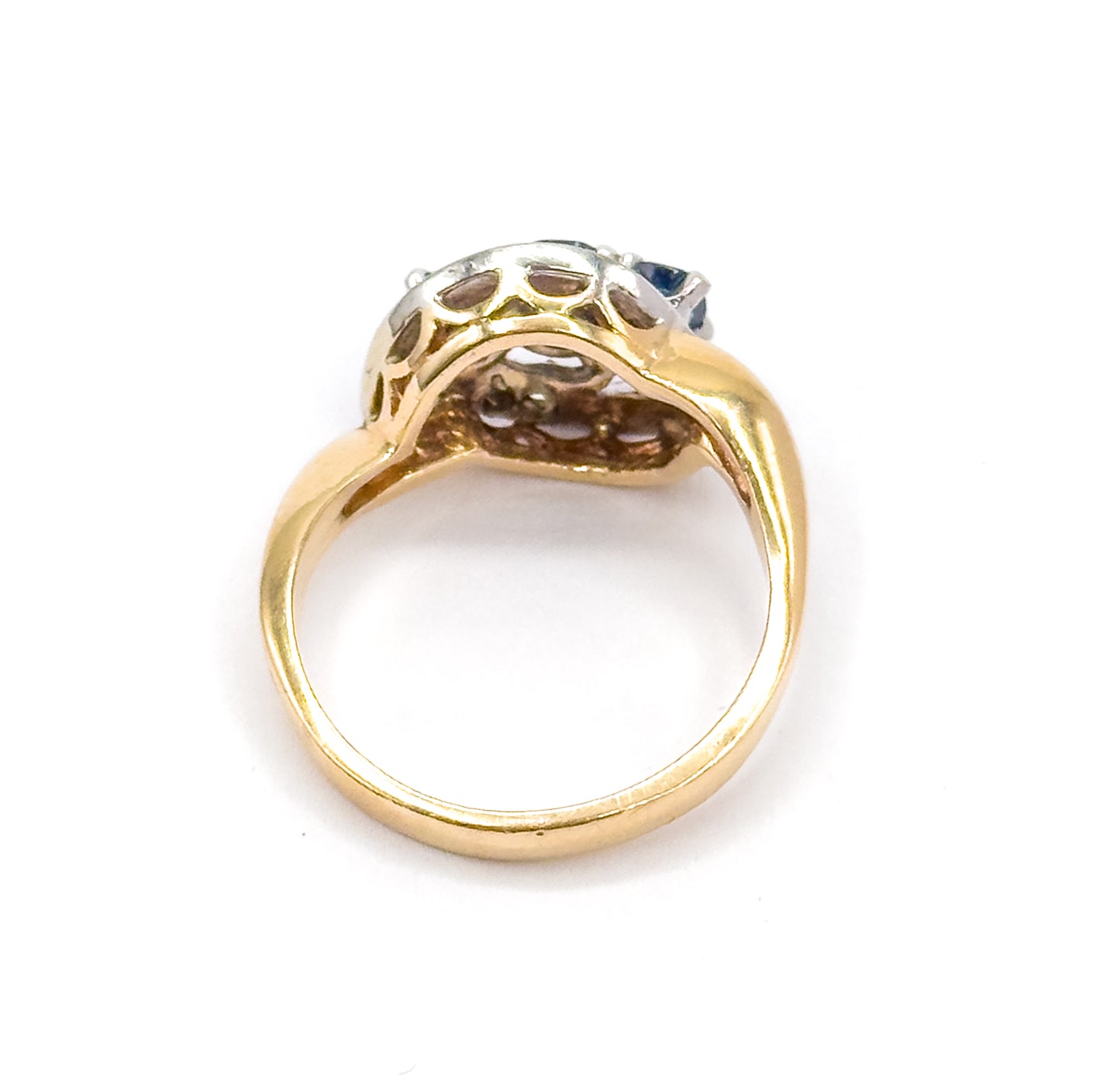 Retro Blue Sapphire & Rose Cut Diamond Bypass Ring in 14K Two-Tone Gold