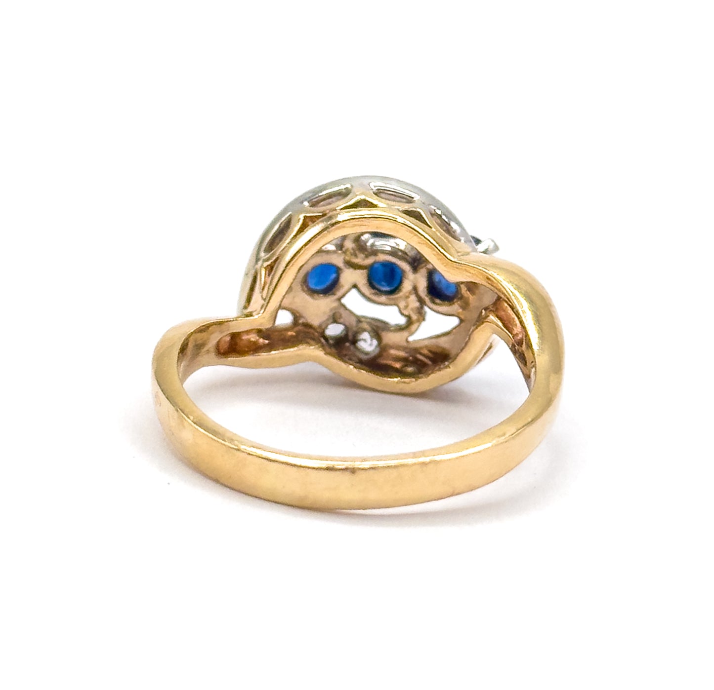 Retro Blue Sapphire & Rose Cut Diamond Bypass Ring in 14K Two-Tone Gold