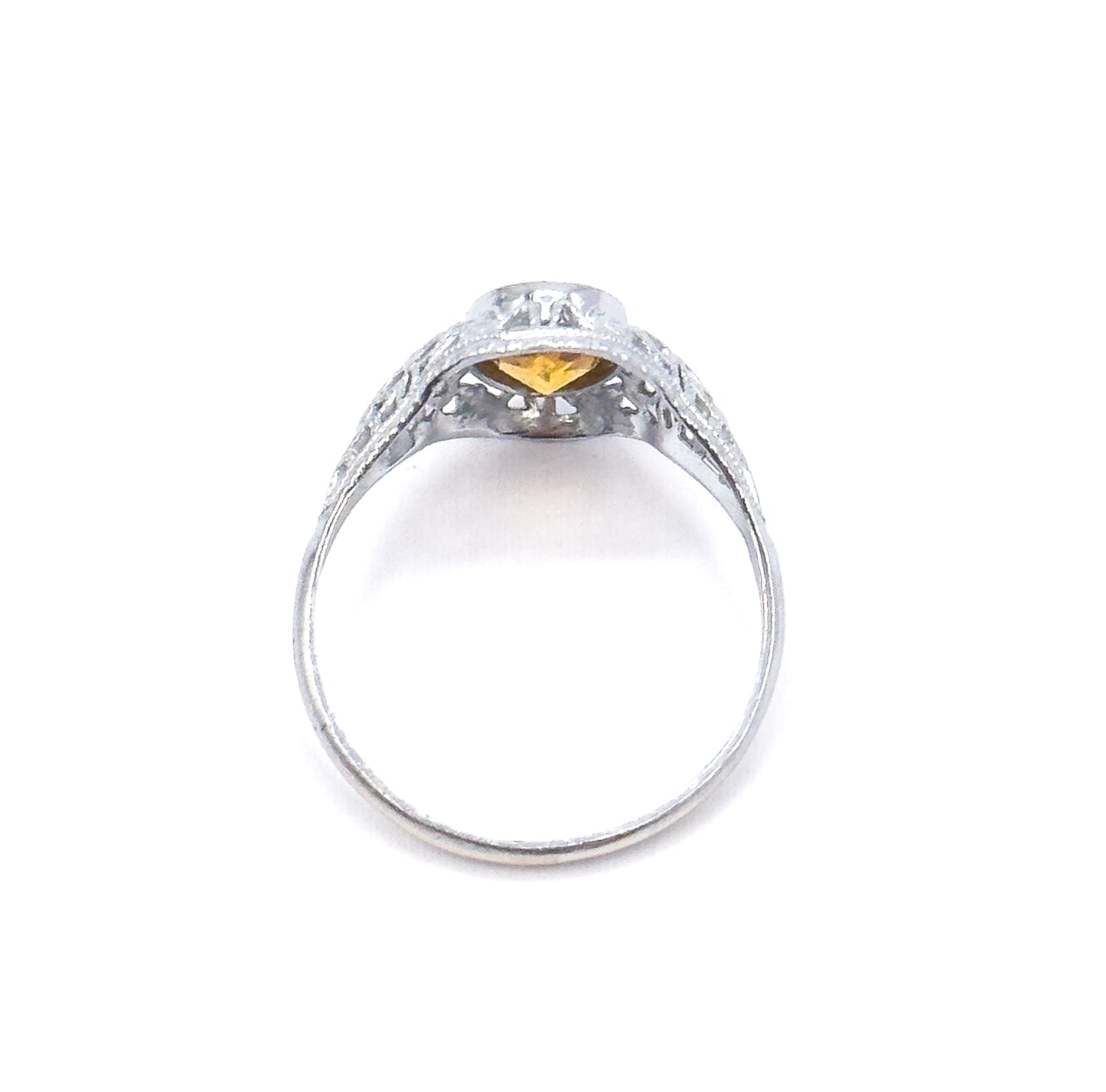 Art Deco Yellow Paste Glass Filigree Ring in 14K White Gold