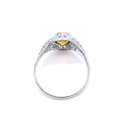 Art Deco Yellow Paste Glass Filigree Ring in 14K White Gold