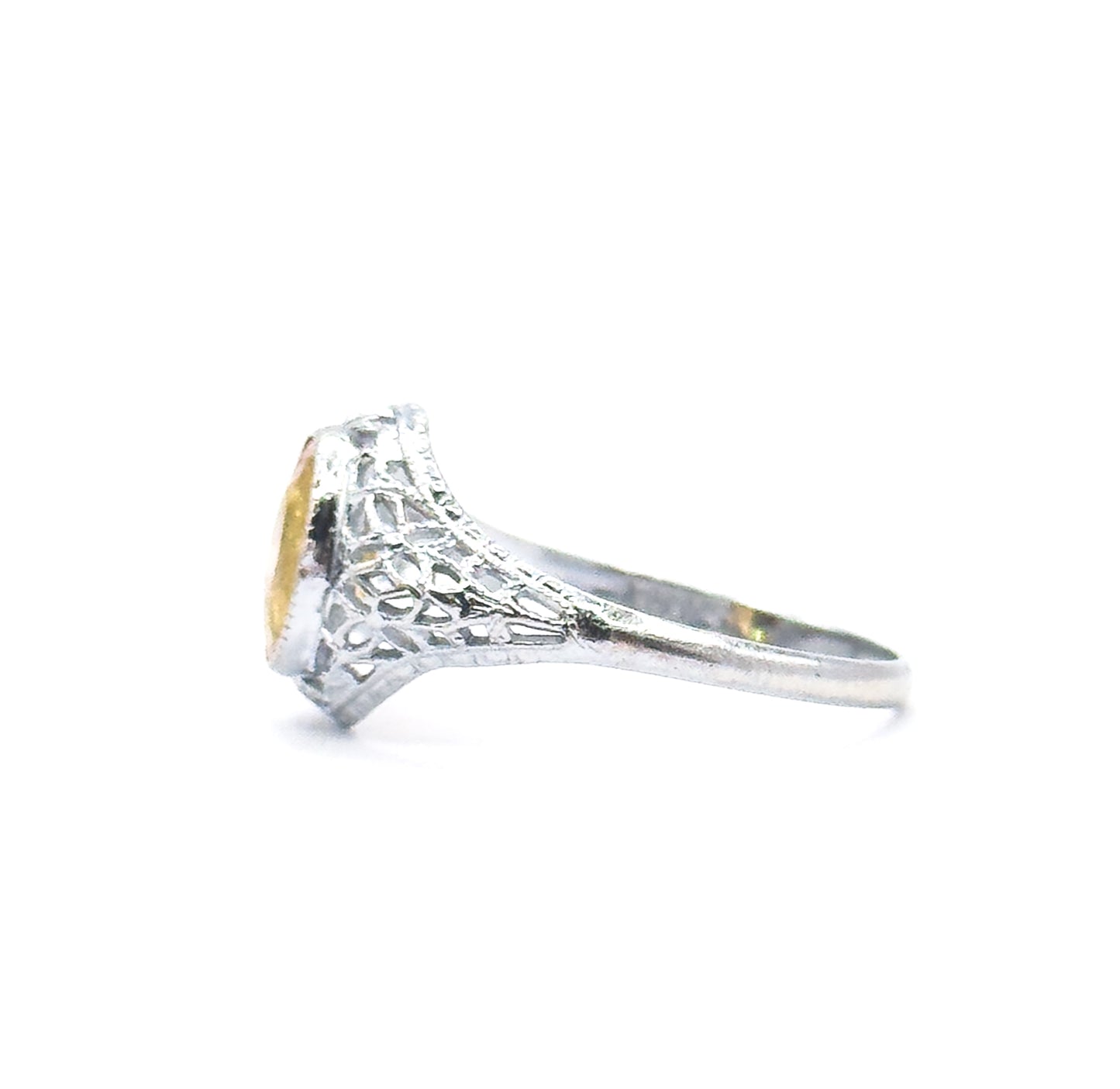 Art Deco Yellow Paste Glass Filigree Ring in 14K White Gold
