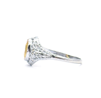 Art Deco Yellow Paste Glass Filigree Ring in 14K White Gold