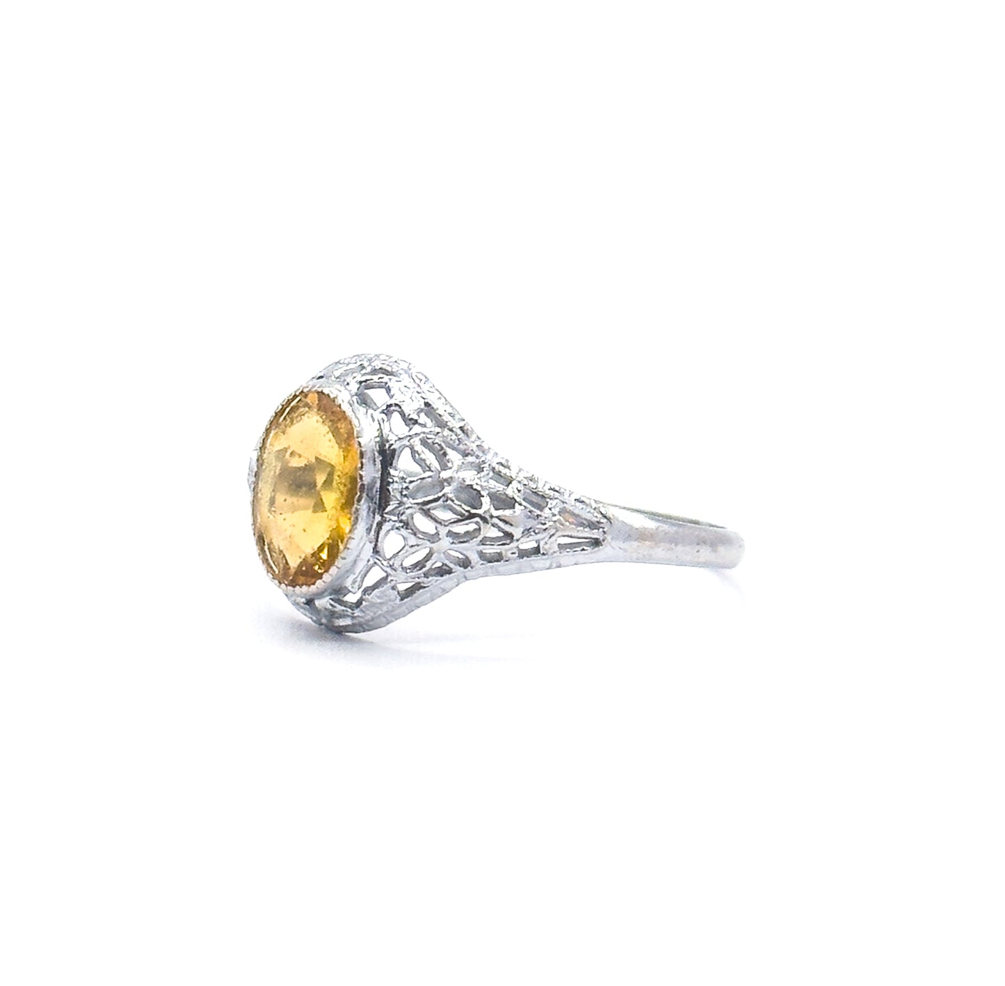 Art Deco Yellow Paste Glass Filigree Ring in 14K White Gold