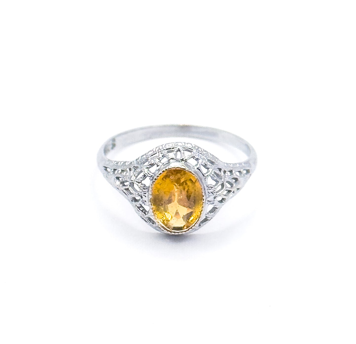 Art Deco Yellow Paste Glass Filigree Ring in 14K White Gold