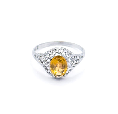 Art Deco Yellow Paste Glass Filigree Ring in 14K White Gold