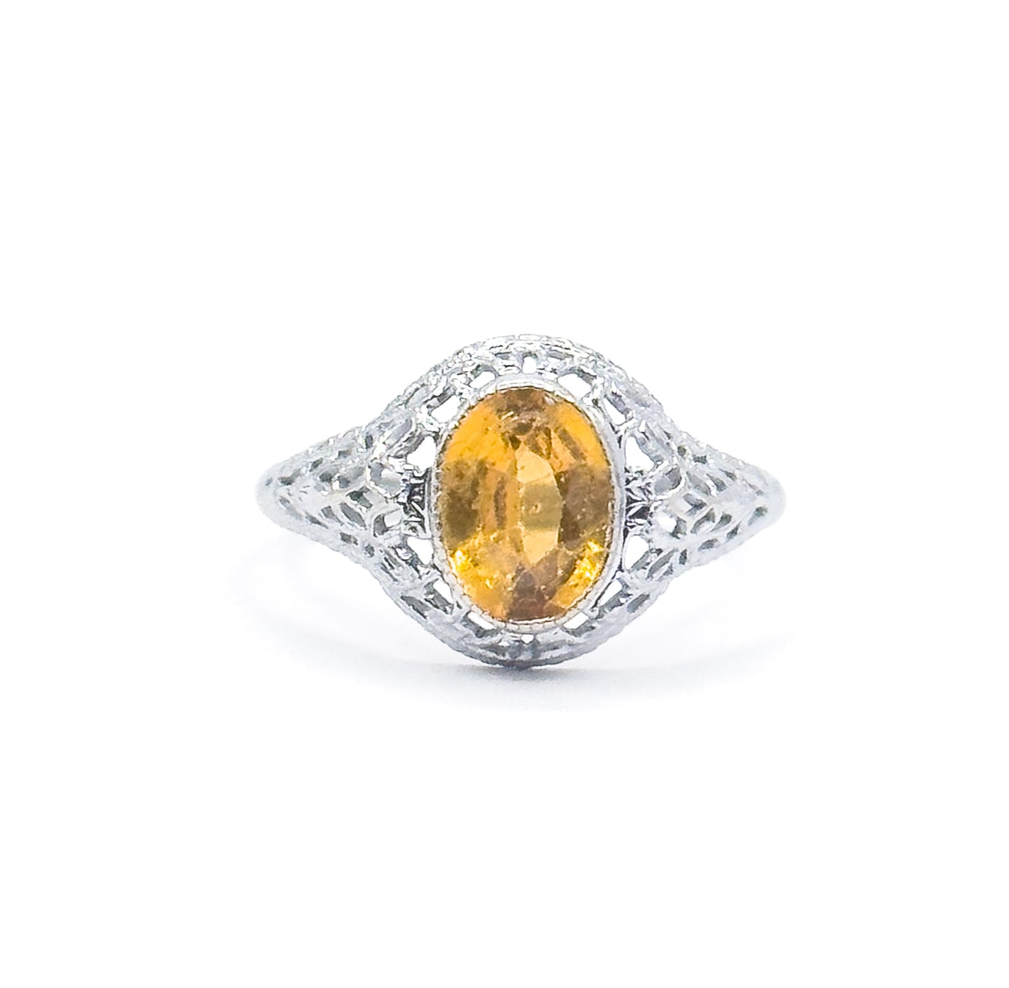 Art Deco Yellow Paste Glass Filigree Ring in 14K White Gold