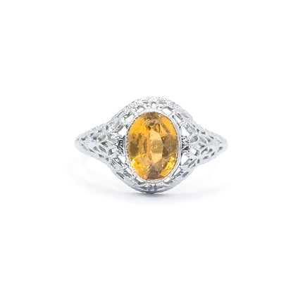 Art Deco Yellow Paste Glass Filigree Ring in 14K White Gold