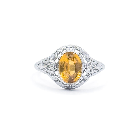 Art Deco Yellow Paste Glass Filigree Ring in 14K White Gold