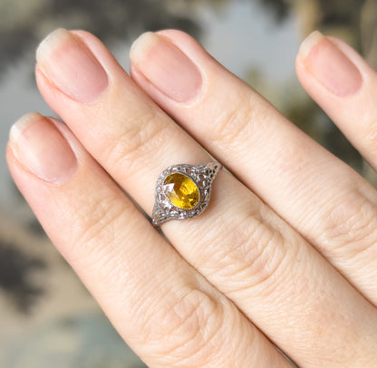 Art Deco Yellow Paste Glass Filigree Ring in 14K White Gold