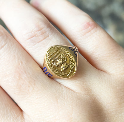 Art Deco Lamp of Knowledge Enamel Signet Ring in 14K Yellow Gold