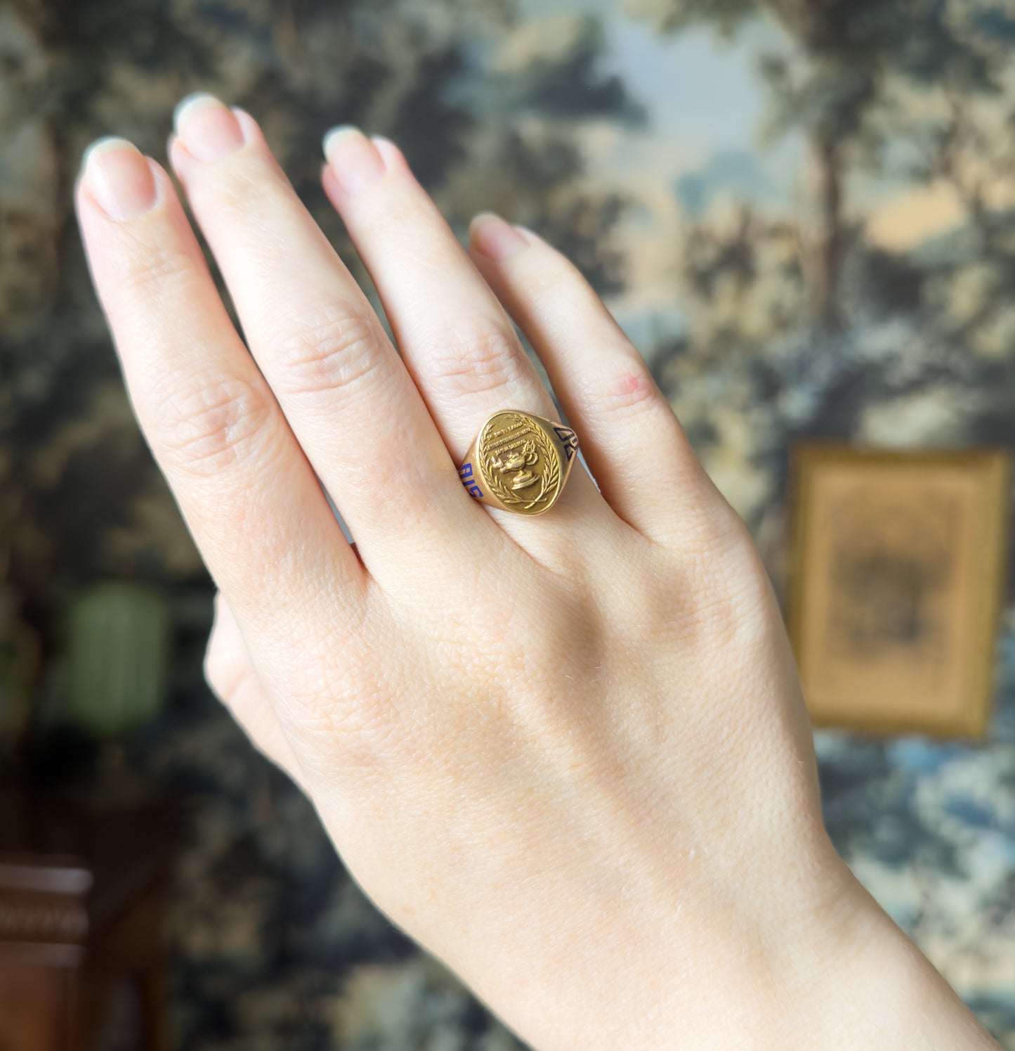 Art Deco Lamp of Knowledge Enamel Signet Ring in 14K Yellow Gold