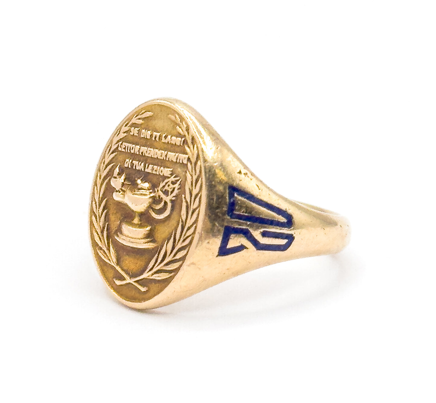 Art Deco Lamp of Knowledge Enamel Signet Ring in 14K Yellow Gold