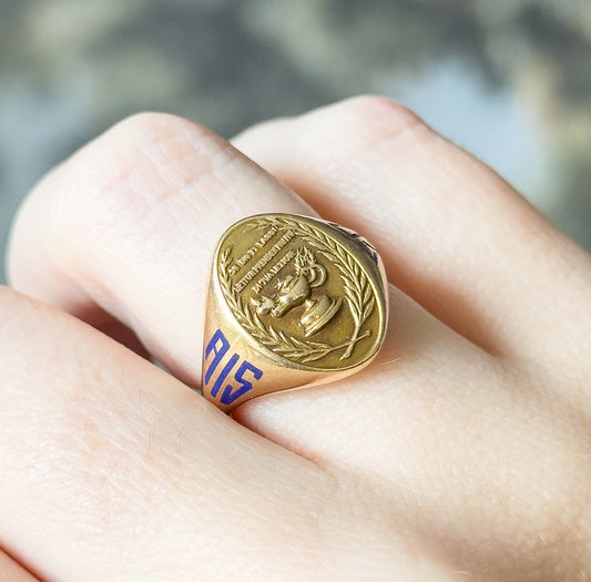 Art Deco Lamp of Knowledge Enamel Signet Ring in 14K Yellow Gold