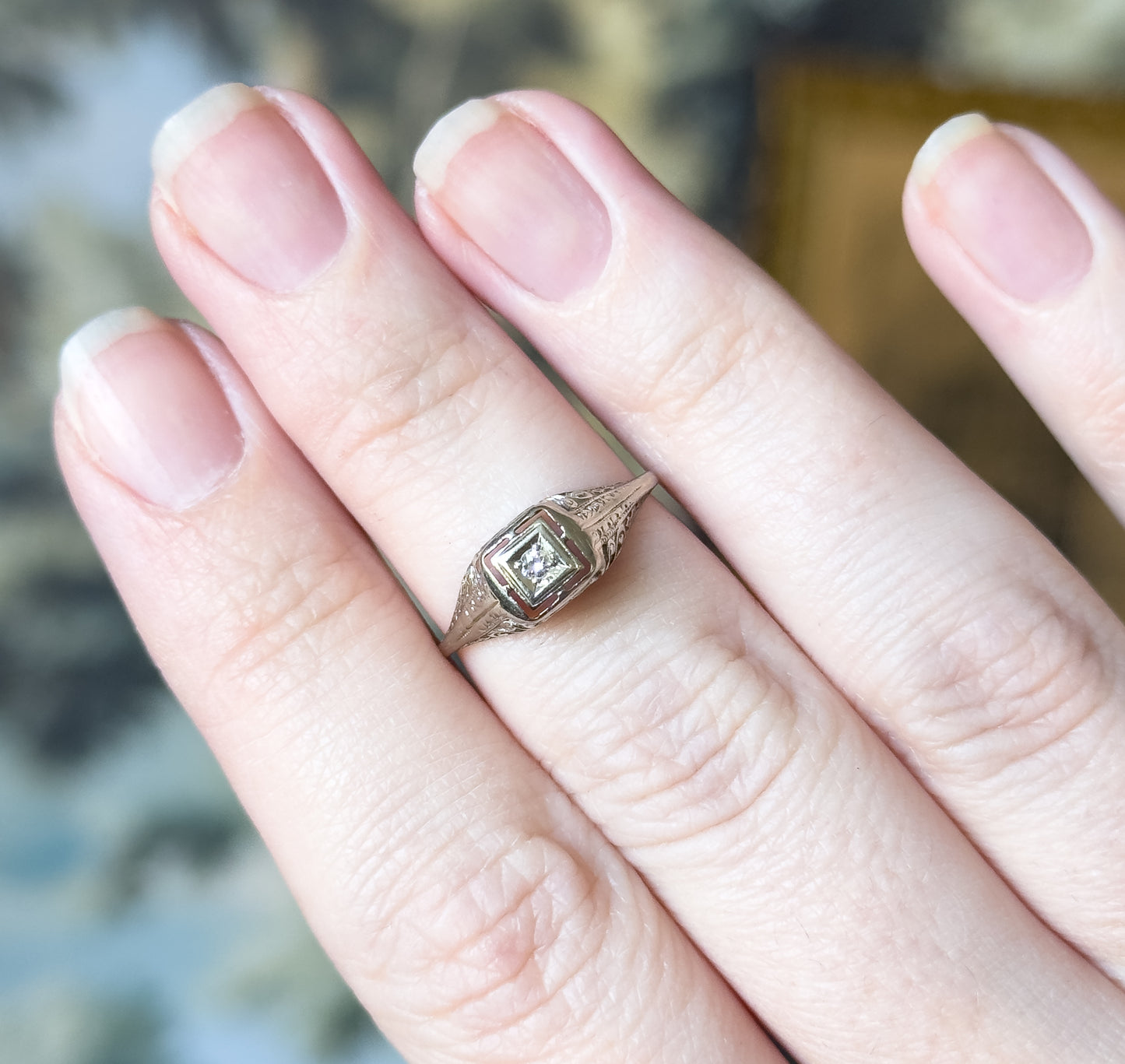 Art Deco Old European Diamond Filigree Ring in 14K White Gold