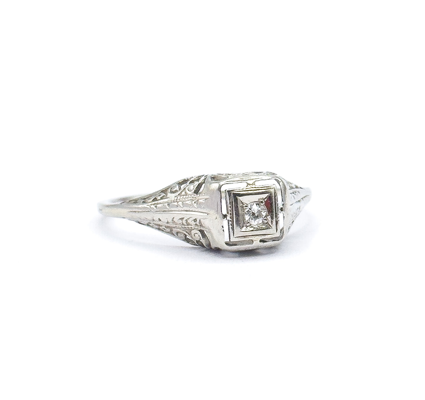 Art Deco Old European Diamond Filigree Ring in 14K White Gold