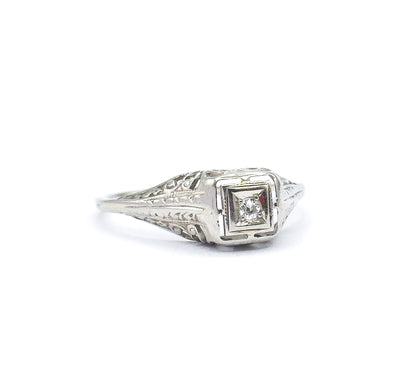 Art Deco Old European Diamond Filigree Ring in 14K White Gold