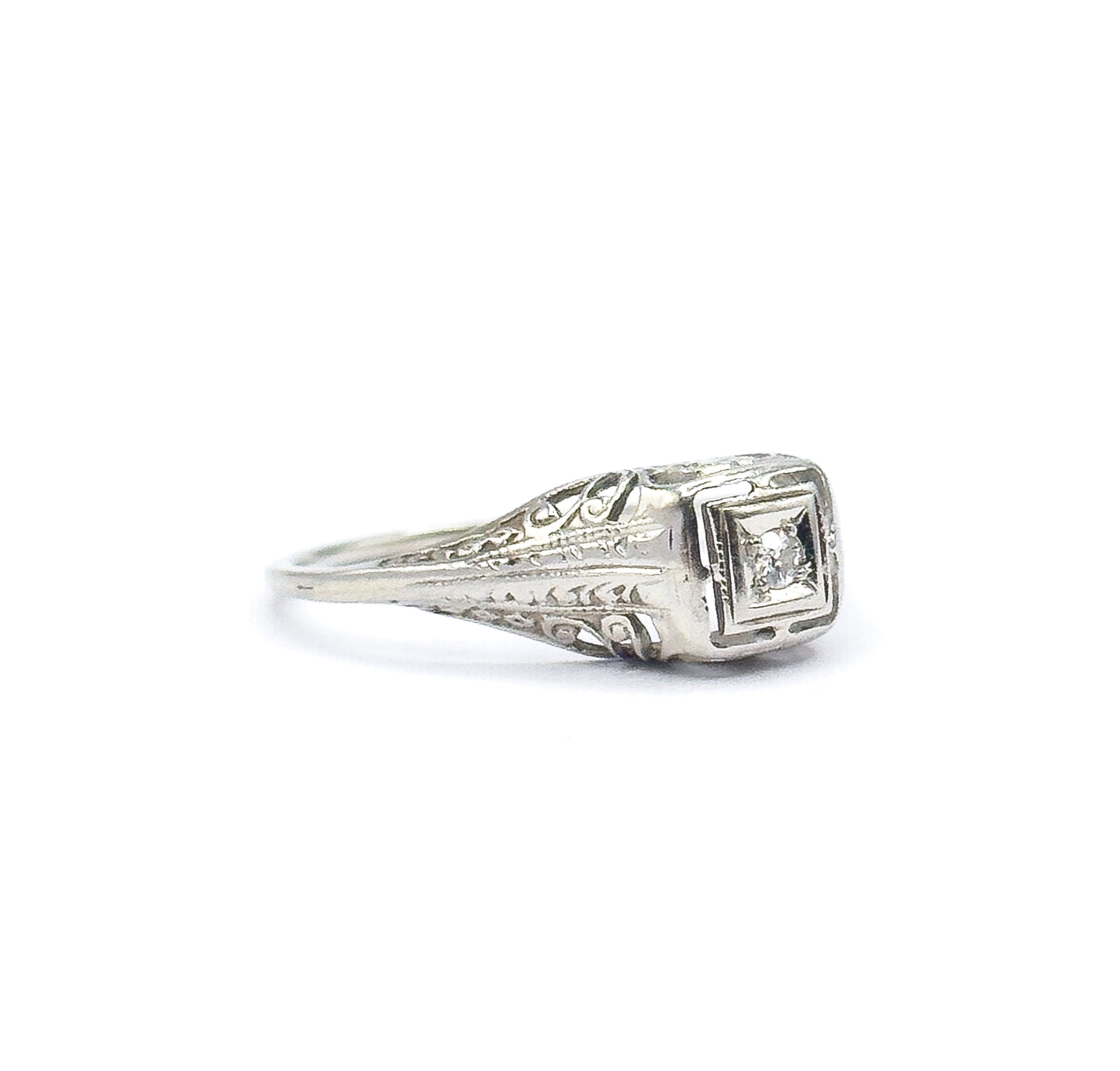Art Deco Old European Diamond Filigree Ring in 14K White Gold