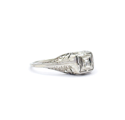 Art Deco Old European Diamond Filigree Ring in 14K White Gold