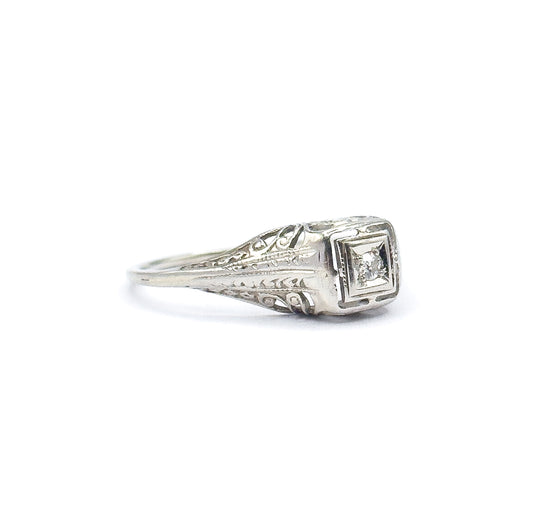 Art Deco Old European Diamond Filigree Ring in 14K White Gold