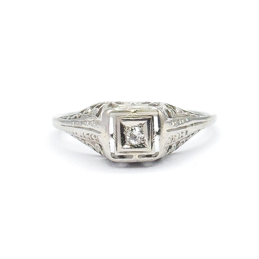Art Deco Old European Diamond Filigree Ring in 14K White Gold