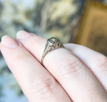 Art Deco Old European Diamond Filigree Ring in 14K White Gold