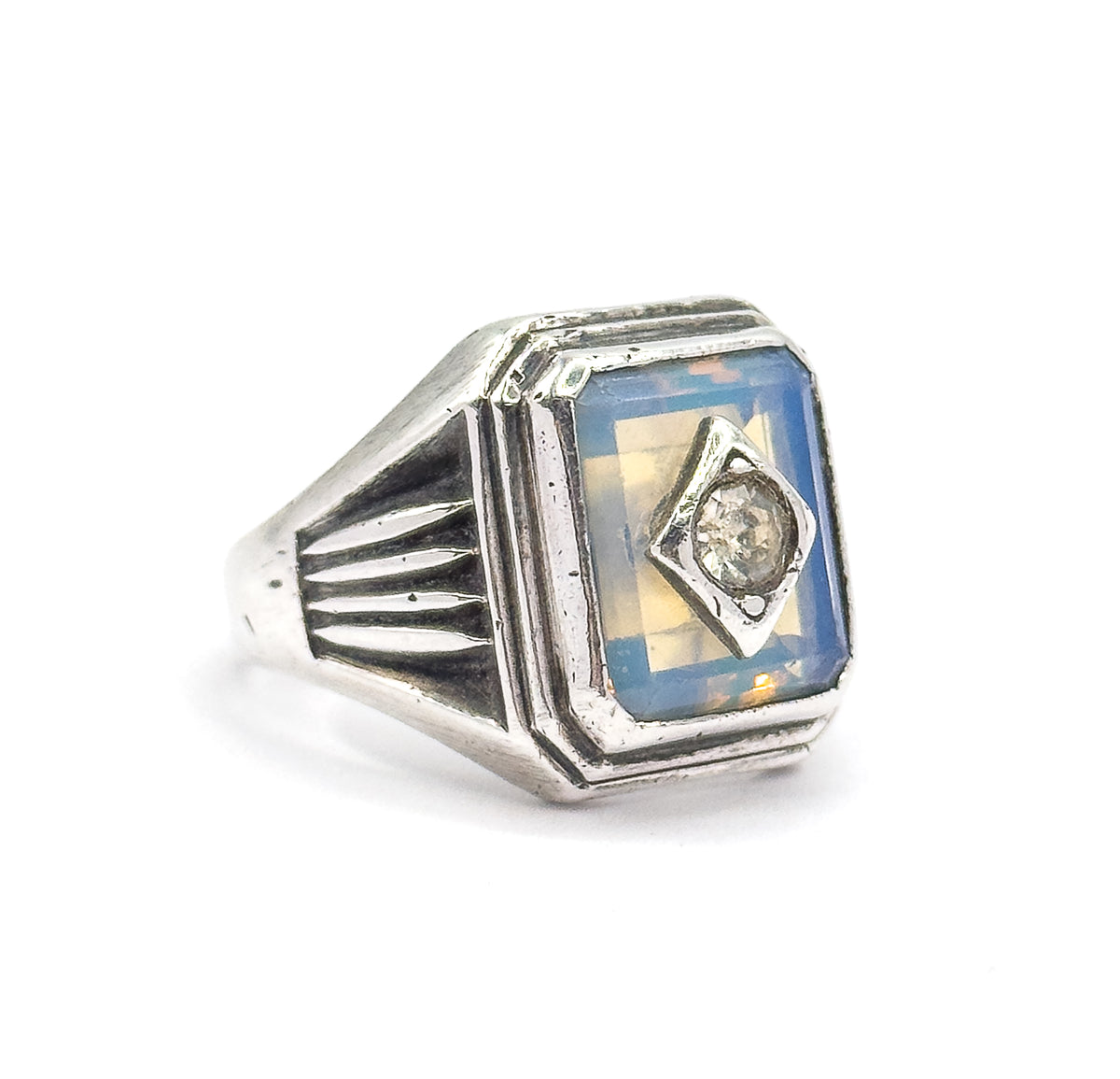 Mid-Century Opaline Glass & Paste Ring in Sterling Silver — view 3 of 11
