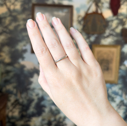 The hand is raised with fingers together against a soft blue-grey backdrop, the slim band circling the ring finger and giving a clear sense of its narrow width.