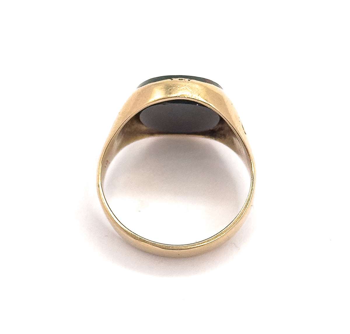 Viewed from behind and below, the open shank forms a circle with the back of the bezel and the underside of the oval bloodstone visible at the top.