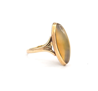 Side profile against white, showing the low dome of the golden brown cabochon in its rose gold bezel and the grooved, fan-shaped shoulder where the mount meets the slim shank.