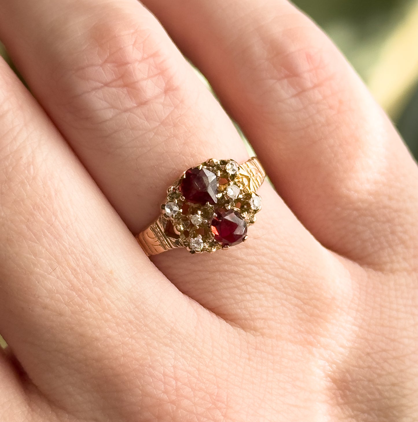 Victorian Garnet & Rose Cut Diamond Ring in 10K Rose Gold