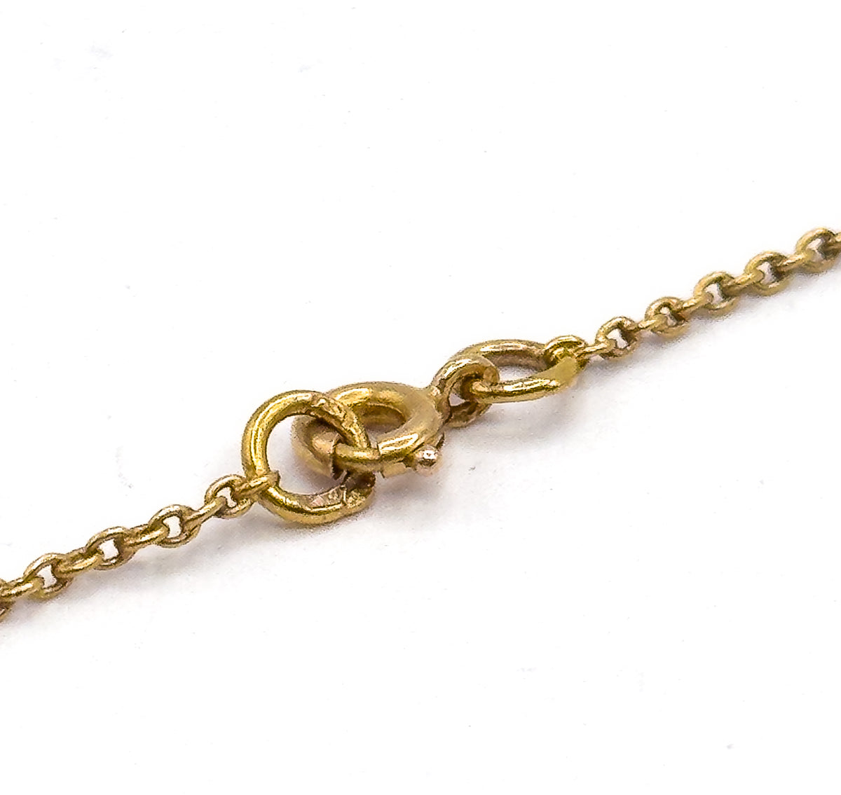 Close view of the spring ring clasp and its companion jump ring at the back of the chain, with the fine round cable links running off to either side on white.