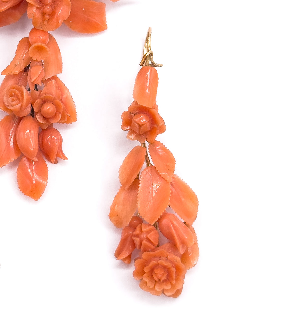 A tight crop on one earring, its yellow gold hook curving from the top of a carved salmon pink coral drop of roses, buds and serrated leaves, with a second piece at the left edge.