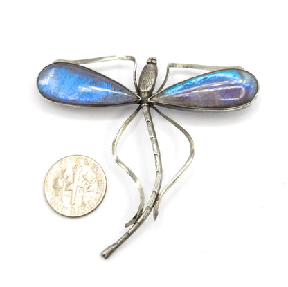 Shown beside a dime for scale, the brooch spans several coin-widths, its two domed blue and violet wings outstretched above the open wire frames and long segmented tail.