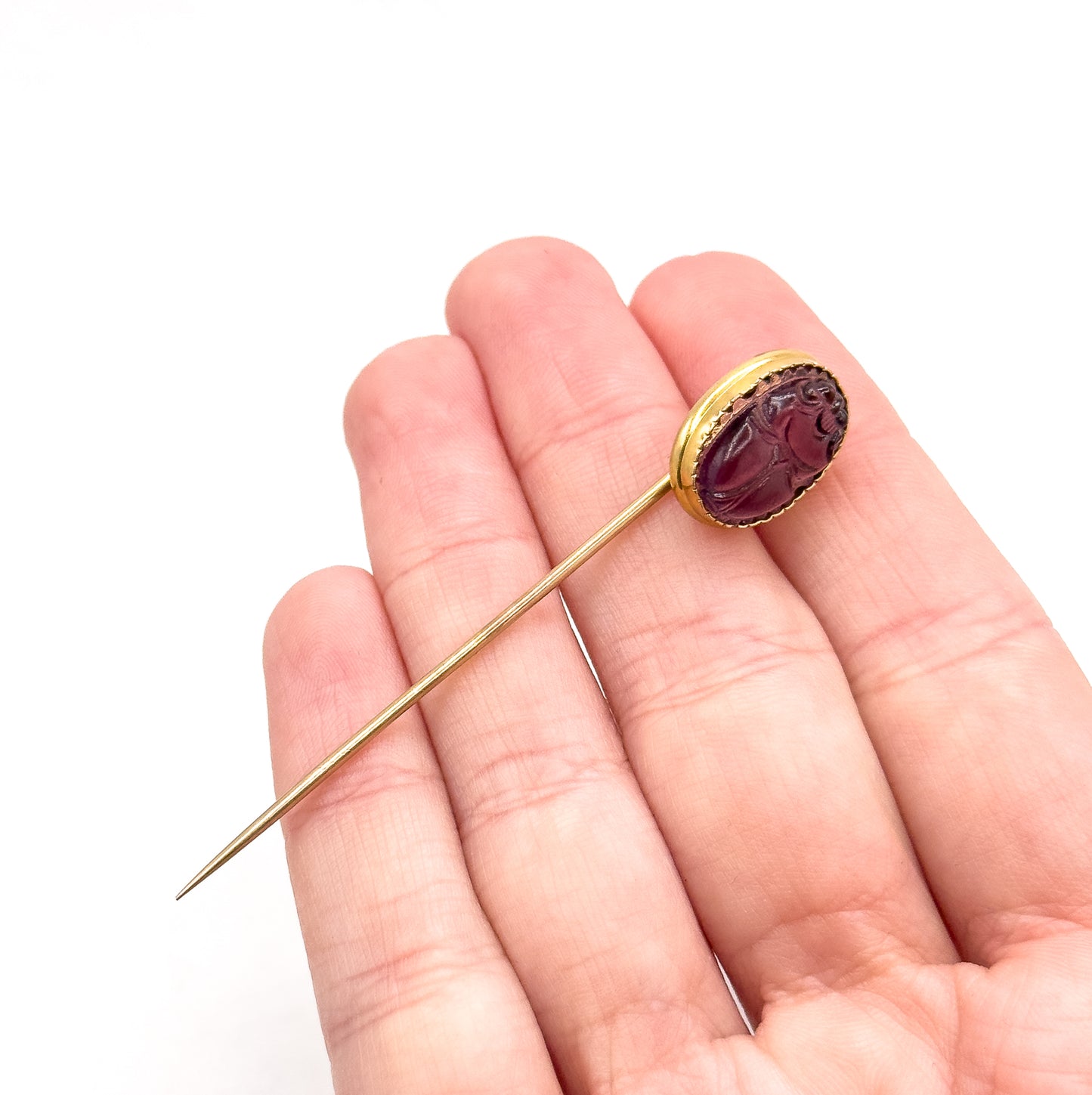 Egyptian Revival Glass Scarab Stick Pin in Gold