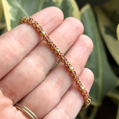 Vintage Tennis Bracelet w Ruby & Diamond in 14K Yellow Gold