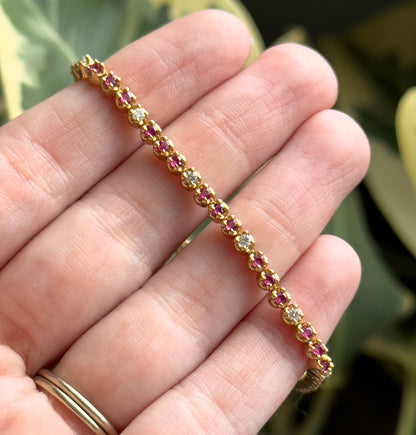 Vintage Tennis Bracelet w Ruby & Diamond in 14K Yellow Gold