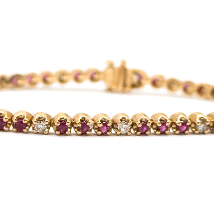 Vintage Tennis Bracelet w Ruby & Diamond in 14K Yellow Gold