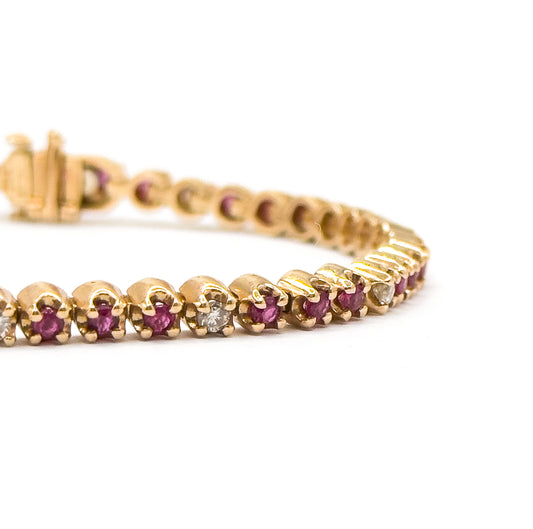 Vintage Tennis Bracelet w Ruby & Diamond in 14K Yellow Gold