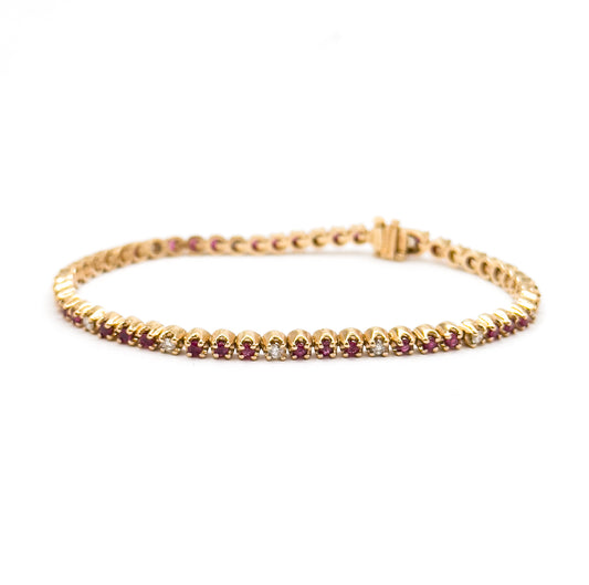 Vintage Tennis Bracelet w Ruby & Diamond in 14K Yellow Gold