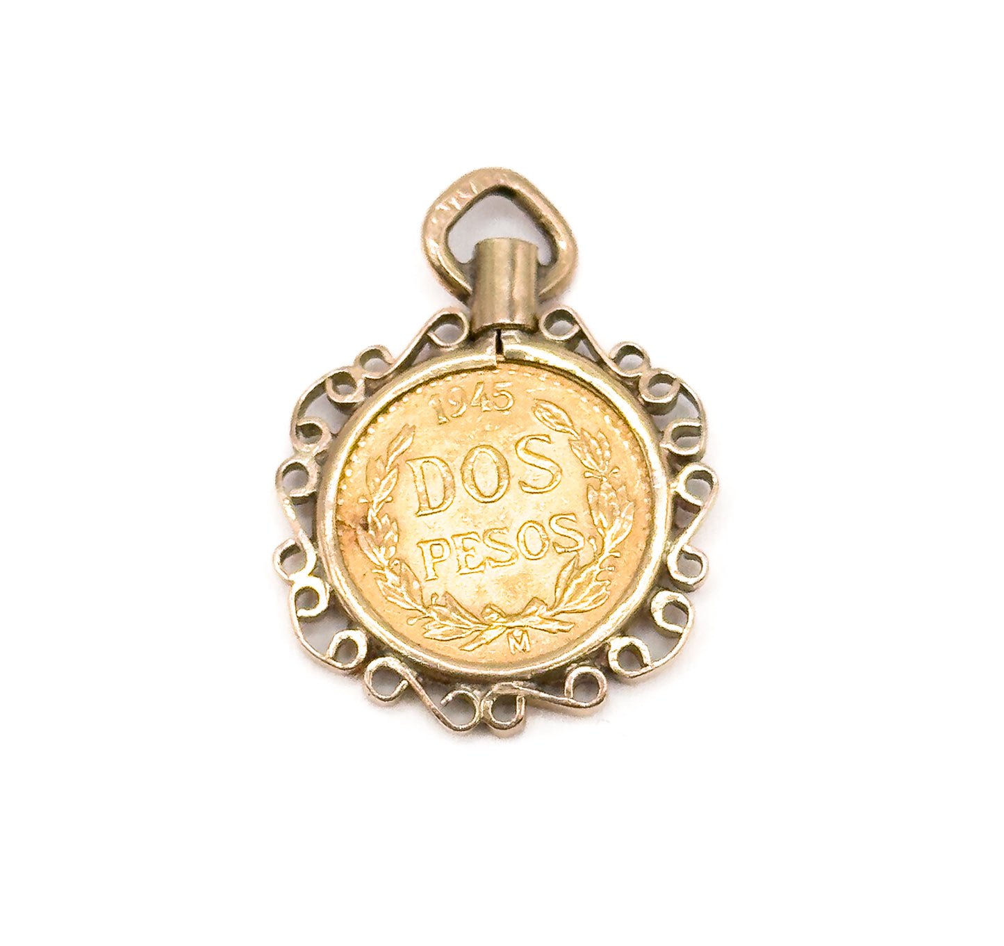 Vintage Gold Dos Pesos Coin in Bezel Pendant