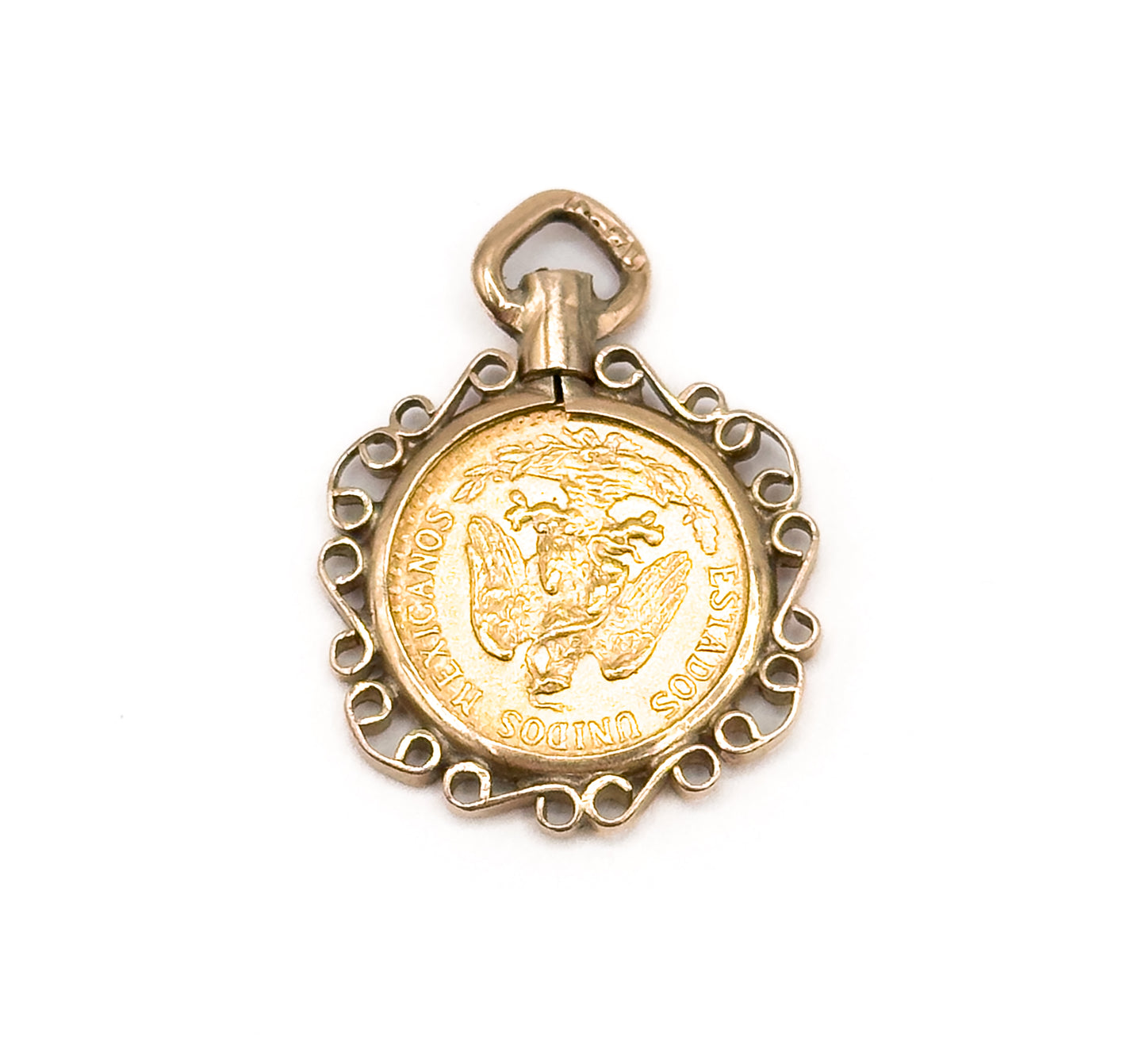 Vintage Gold Dos Pesos Coin in Bezel Pendant