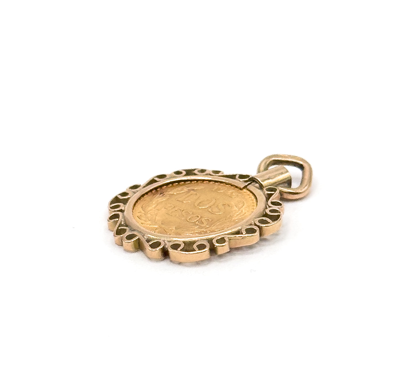 Vintage Gold Dos Pesos Coin in Bezel Pendant