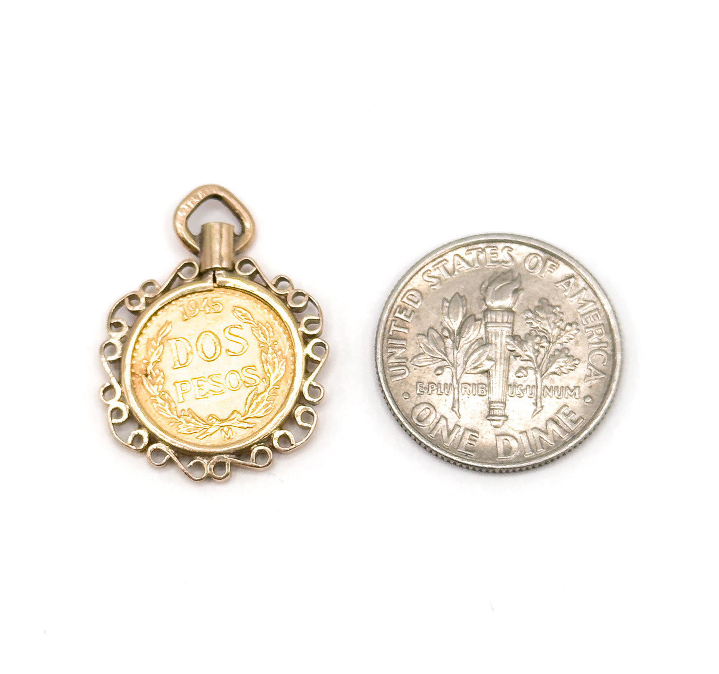 Vintage Gold Dos Pesos Coin in Bezel Pendant