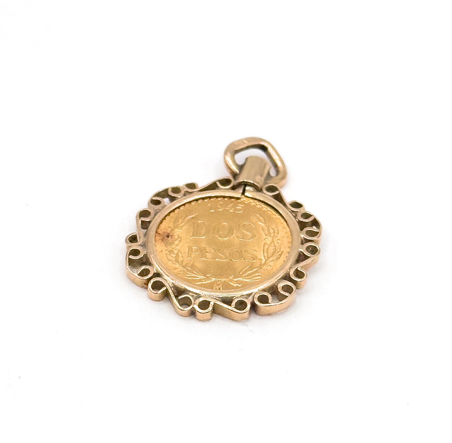 Vintage Gold Dos Pesos Coin in Bezel Pendant