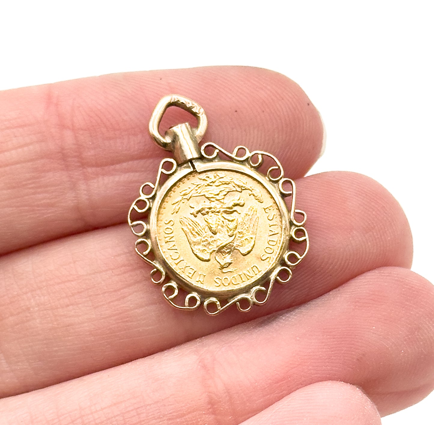 Vintage Gold Dos Pesos Coin in Bezel Pendant