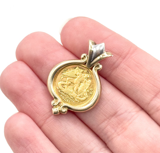 Isle of Man Angel Gold Coin Pendant, 1/20 oz .9999 Fine Gold in 14K Yellow Gold Bezel Pendant
