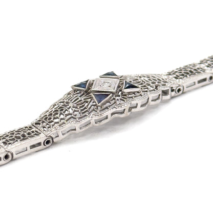 Art Deco Diamond & Blue Sapphire Filigree Bracelet in 10K White Gold