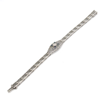 Art Deco Diamond & Blue Sapphire Filigree Bracelet in 10K White Gold
